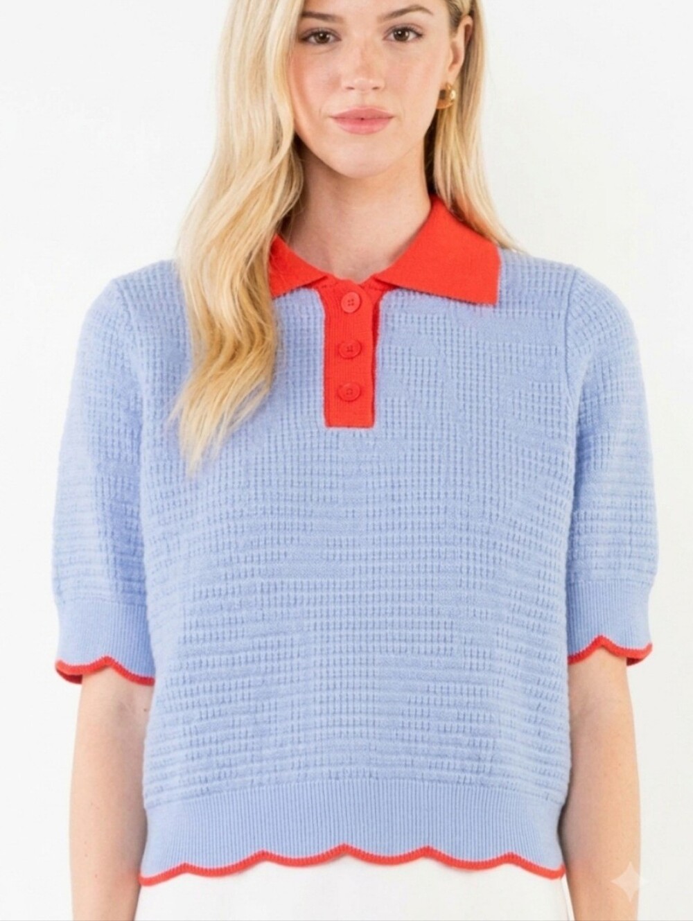 THML Light Blue Knit Polo Sweater with Red Contrast Trim Size XS